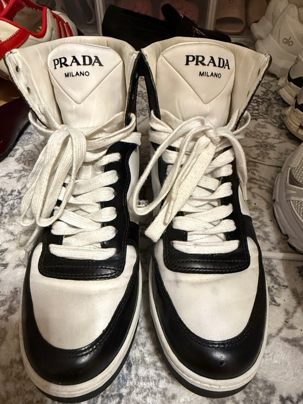 Prada White and Black High-Top Lace-Up Sneakers